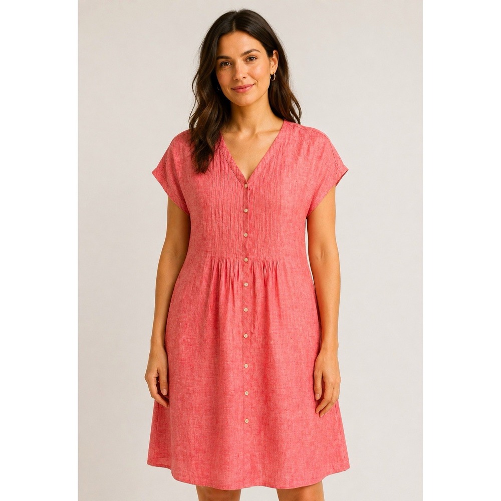 Poetry 100% Linen Coral Button Front Pintuck Midi Dress Women's Size 8